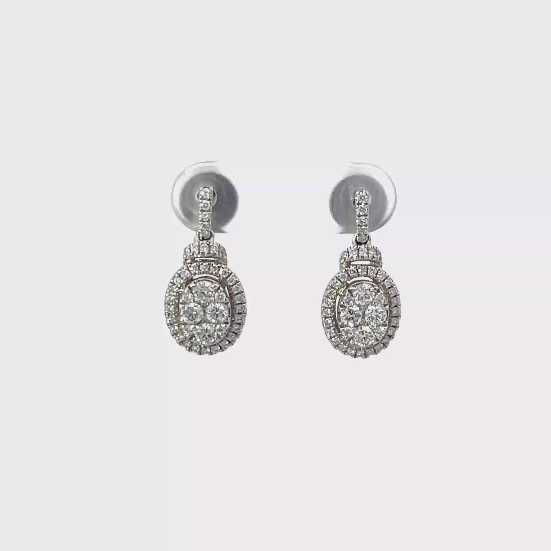 14K White Gold Oval Halo Drop Earrings with 96 Diamonds