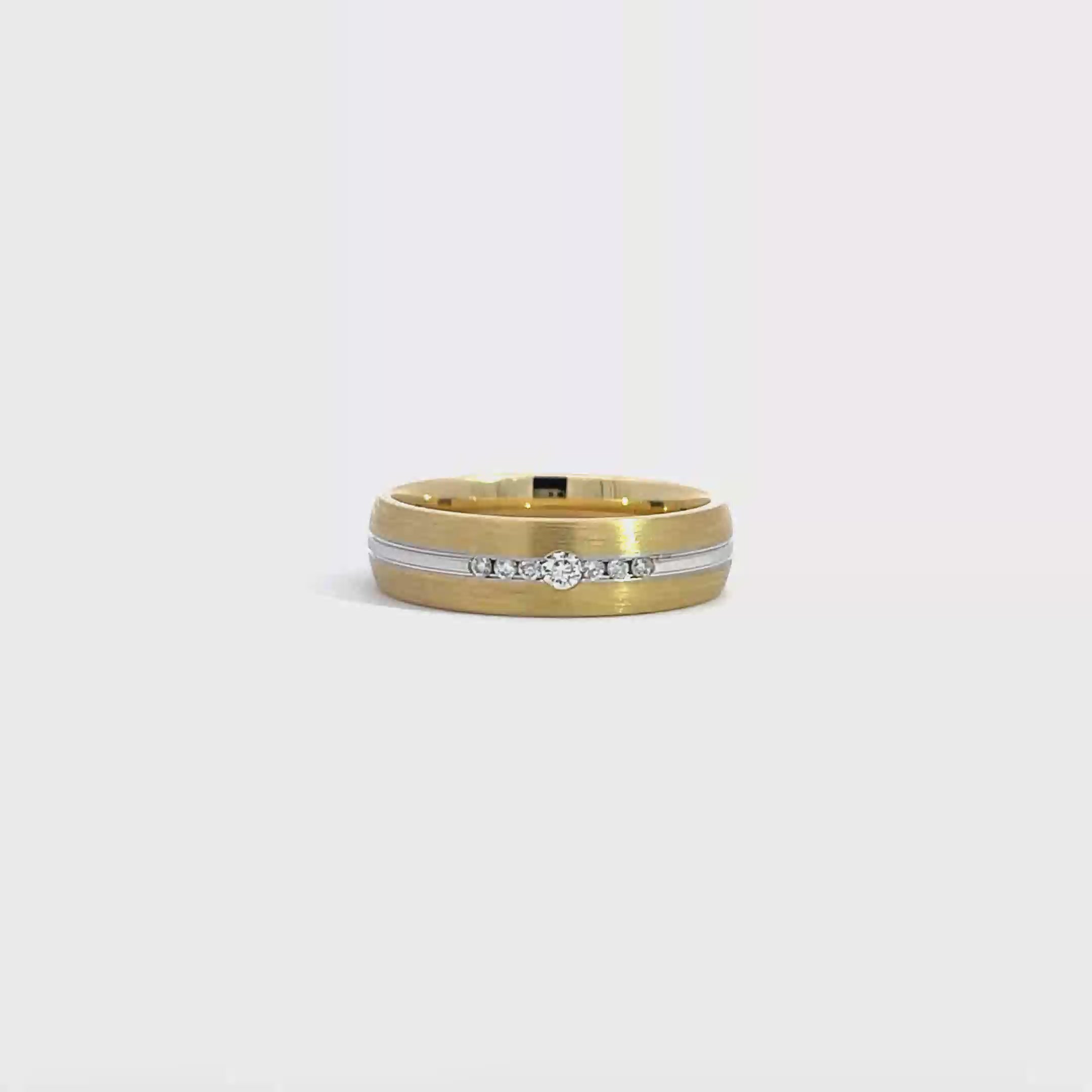 14K Yellow Gold Wedding Band with White Gold Central Band and 7 Diamonds