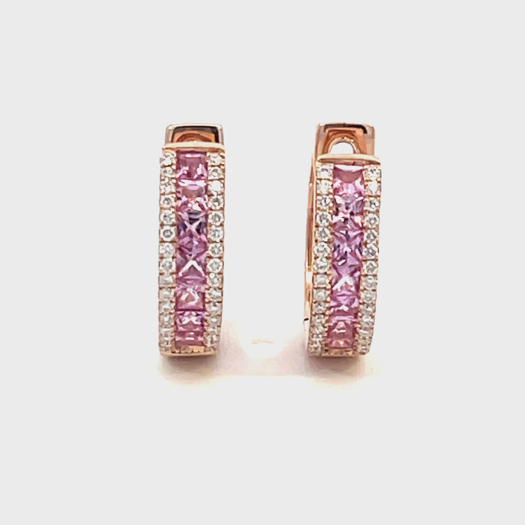14K Rose Gold Thin-Set Pink Sapphire and Diamond Hinged Hoop Earrings