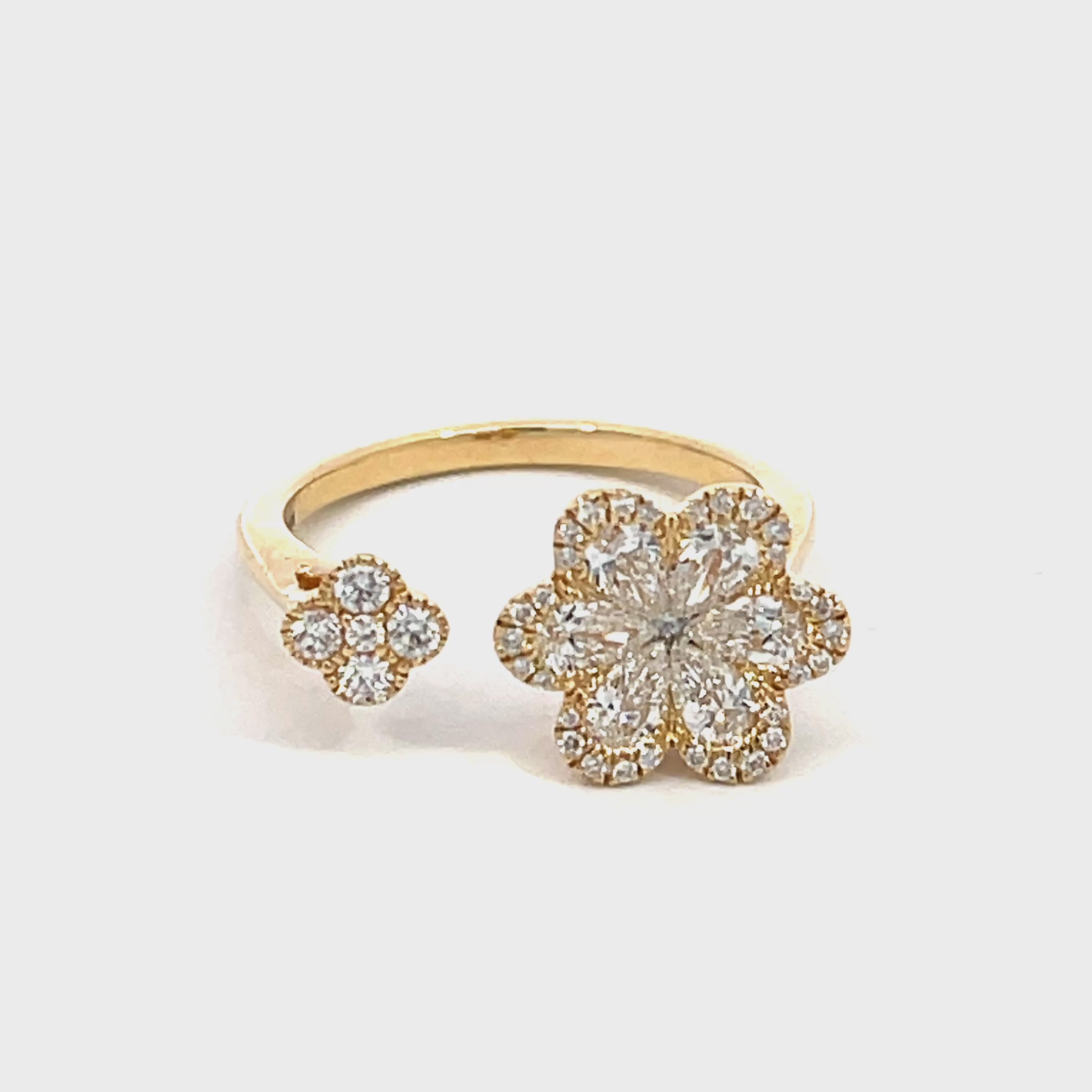 14K Yellow Gold Open Ring with Floral Diamond Clusters