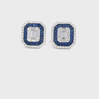 14K White Gold Cushion Shaped Sapphire and Diamond Emerald Illusion Stud Earrings