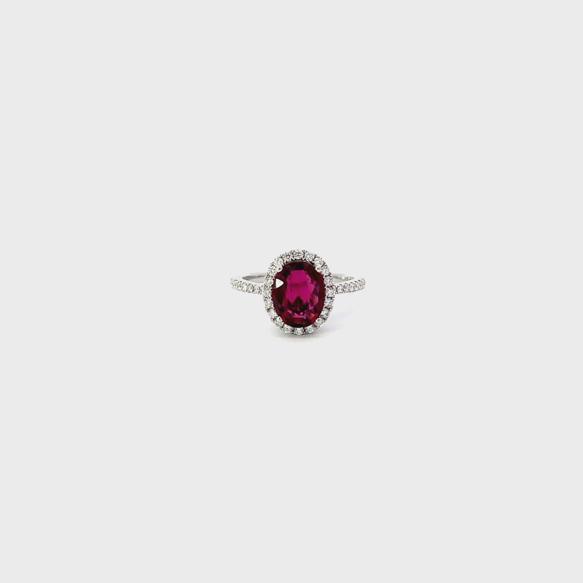 18K White Gold Rubellite Ring with Diamond Halo and Side Stones