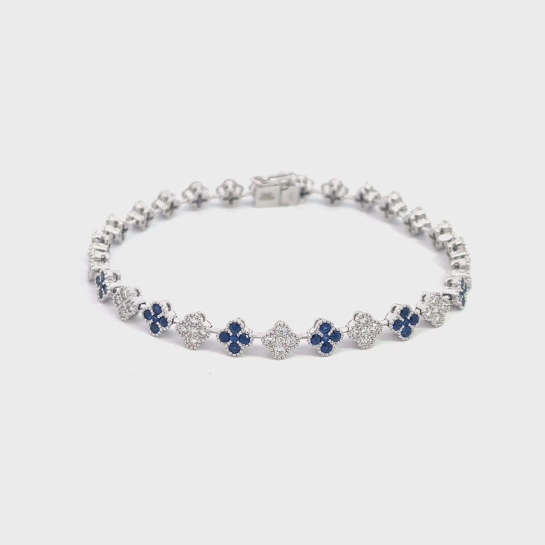 14K White Gold Diamond and Sapphire Clover Cluster Tennis Bracelet