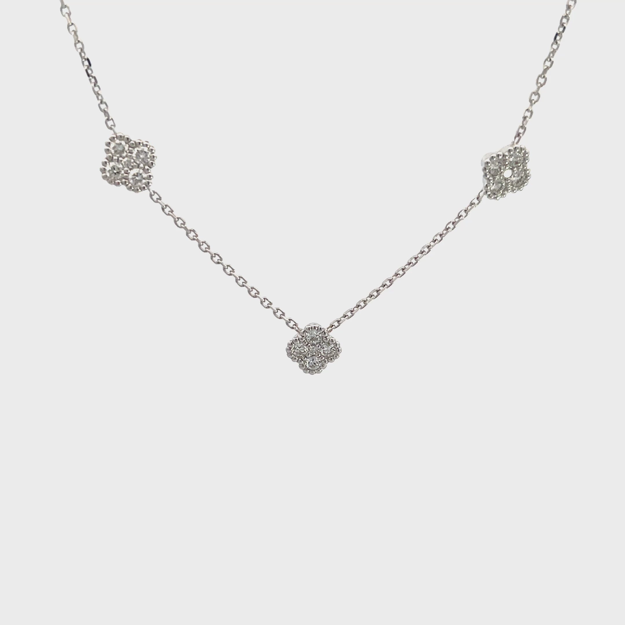 14K White Gold Chain Necklace with 3 Diamond Clover Clusters