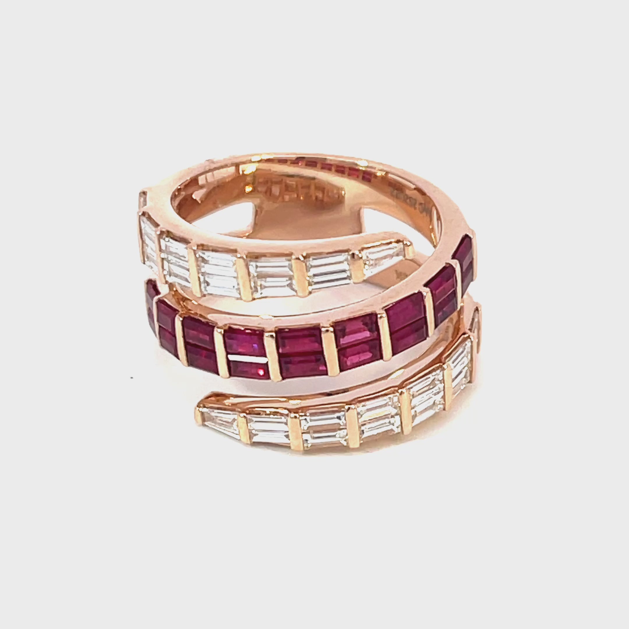 14K Rose Gold Spiral Ring with Baguette Cut Diamonds and Rubies