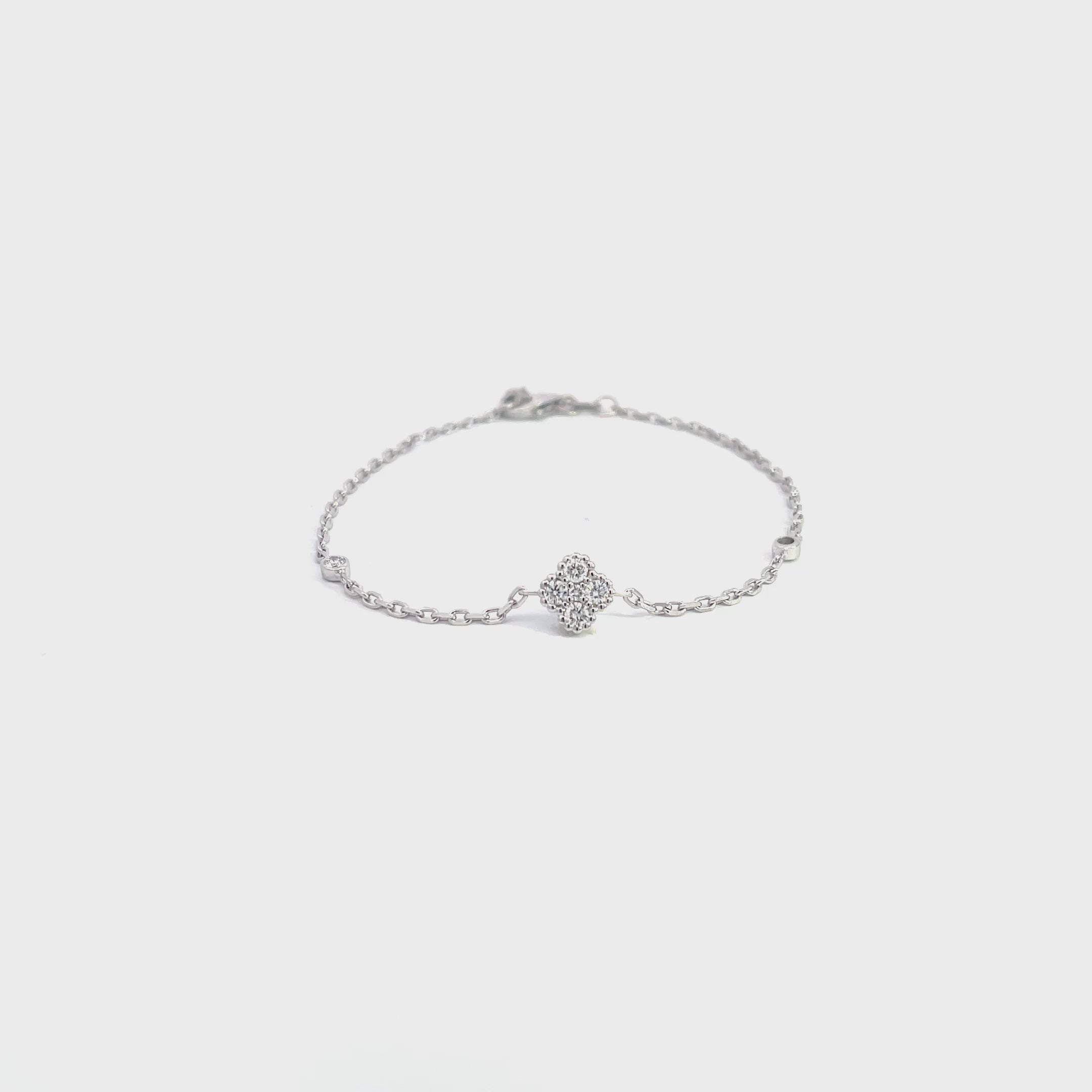 14K White Gold Chain Bracelet with Diamond Clover Cluster and Bezel Set Diamonds