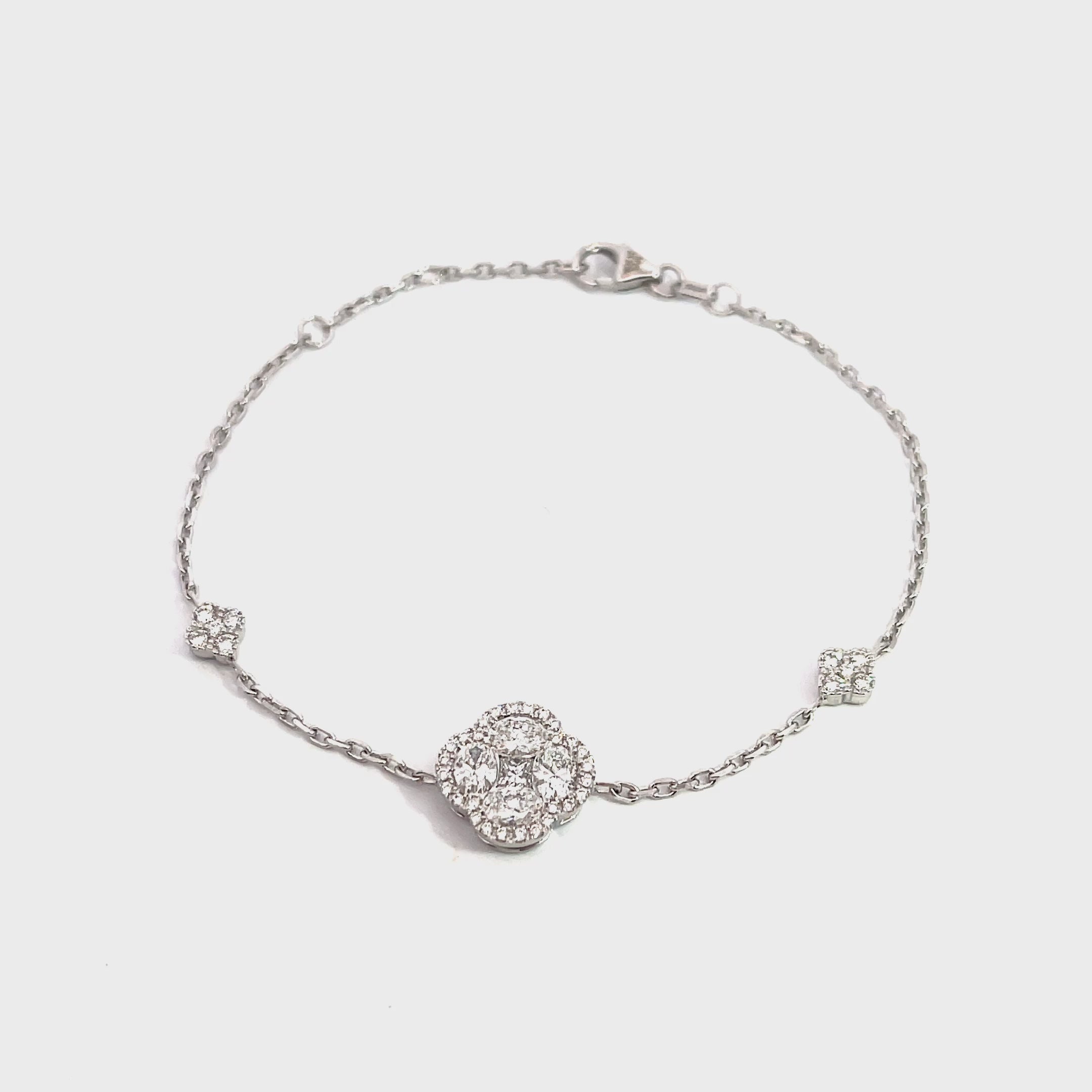 14K White Gold Chain Bracelet with Diamond Halo Clover Clusters
