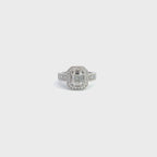 18K White Gold Art Deco Inspired Emerald Cut Diamond Ring with Diamond Halo and Baguette Cut Side Stones