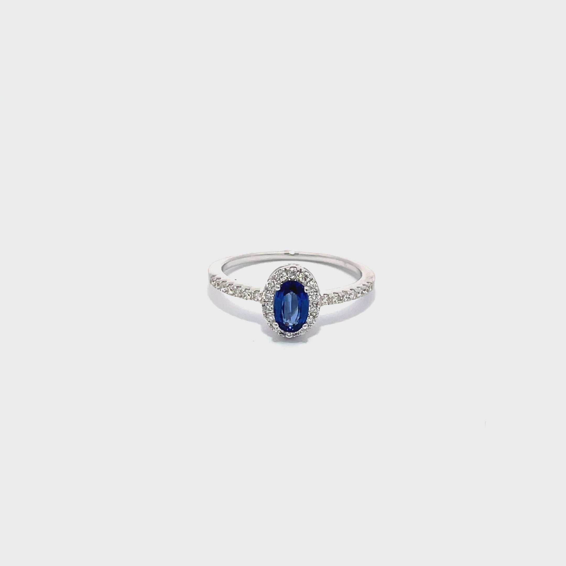 14K White Gold Oval Sapphire Ring with Diamond Halo and Pave Side Stones