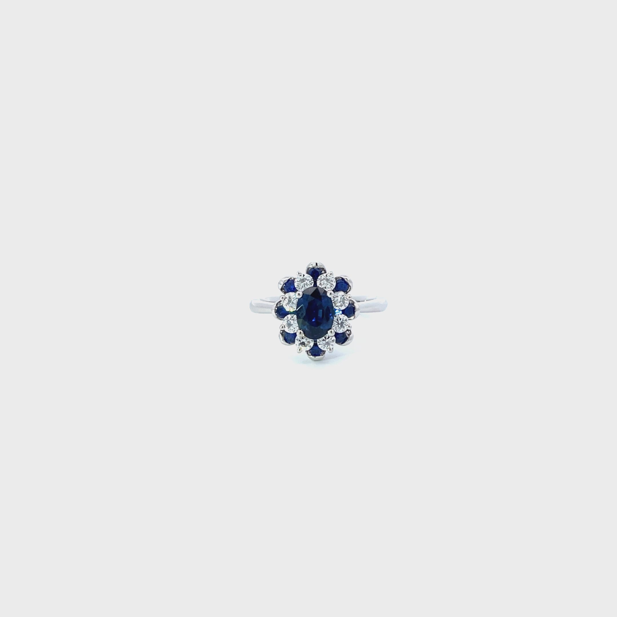 18K White Gold Oval Floral Sapphire and Diamond Cluster Ring
