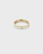 14K Yellow White Gold Ring with Fine Reeded Edging and 1 Flush-Set Diamond