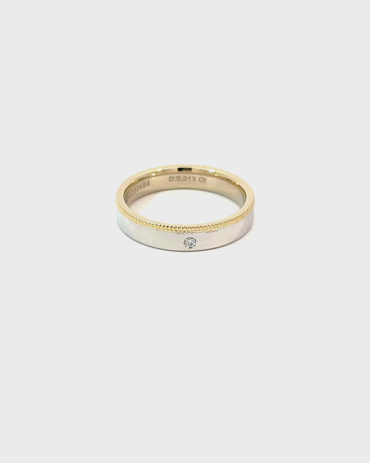 14K Yellow White Gold Ring with Fine Reeded Edging and 1 Flush-Set Diamond