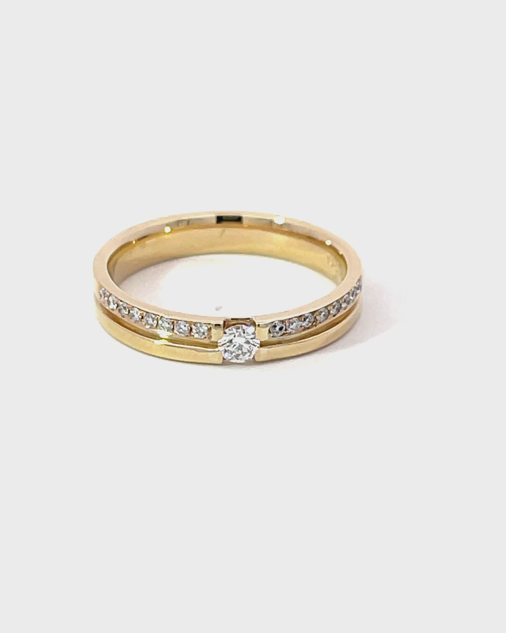 14K Yellow Gold Grooved Wedding Band with Center & Side Diamonds