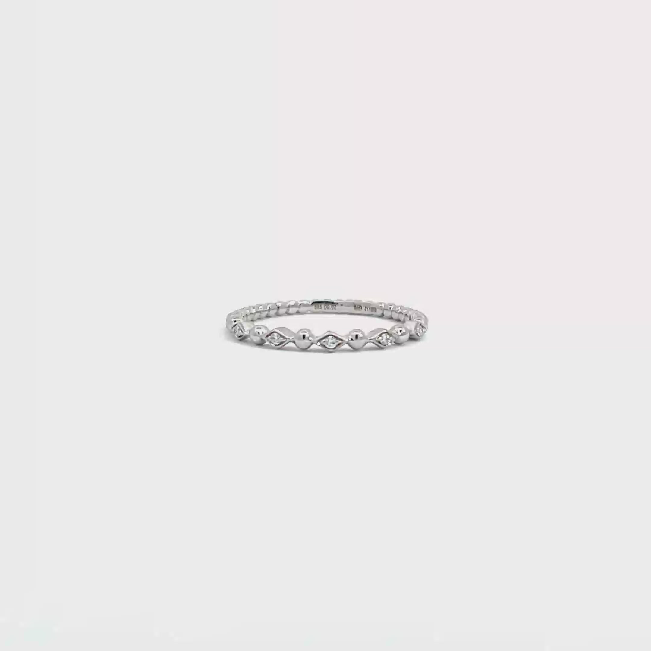 14K White Gold Beaded Ring with 5 Diamonds