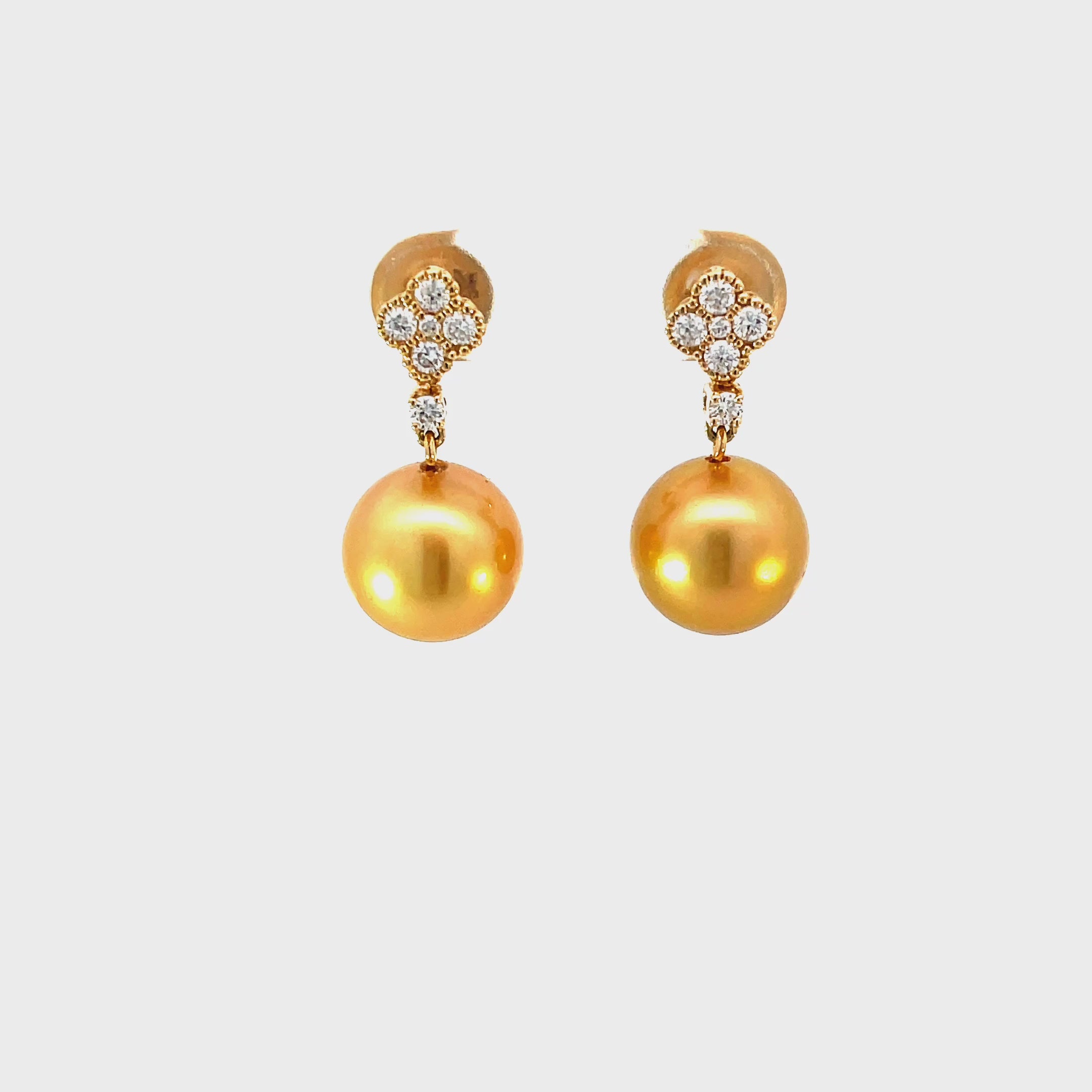 14K Yellow Gold Golden Pearl and Diamond Drop Earrings