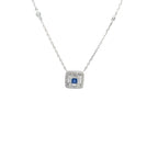 14K White Gold Diamond and Sapphire Square Halo Pendant Necklace