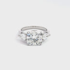 14K White Gold Lab Grown Diamond Ring with Cushion Cut Center Stone and Pear Shaped Side Stones