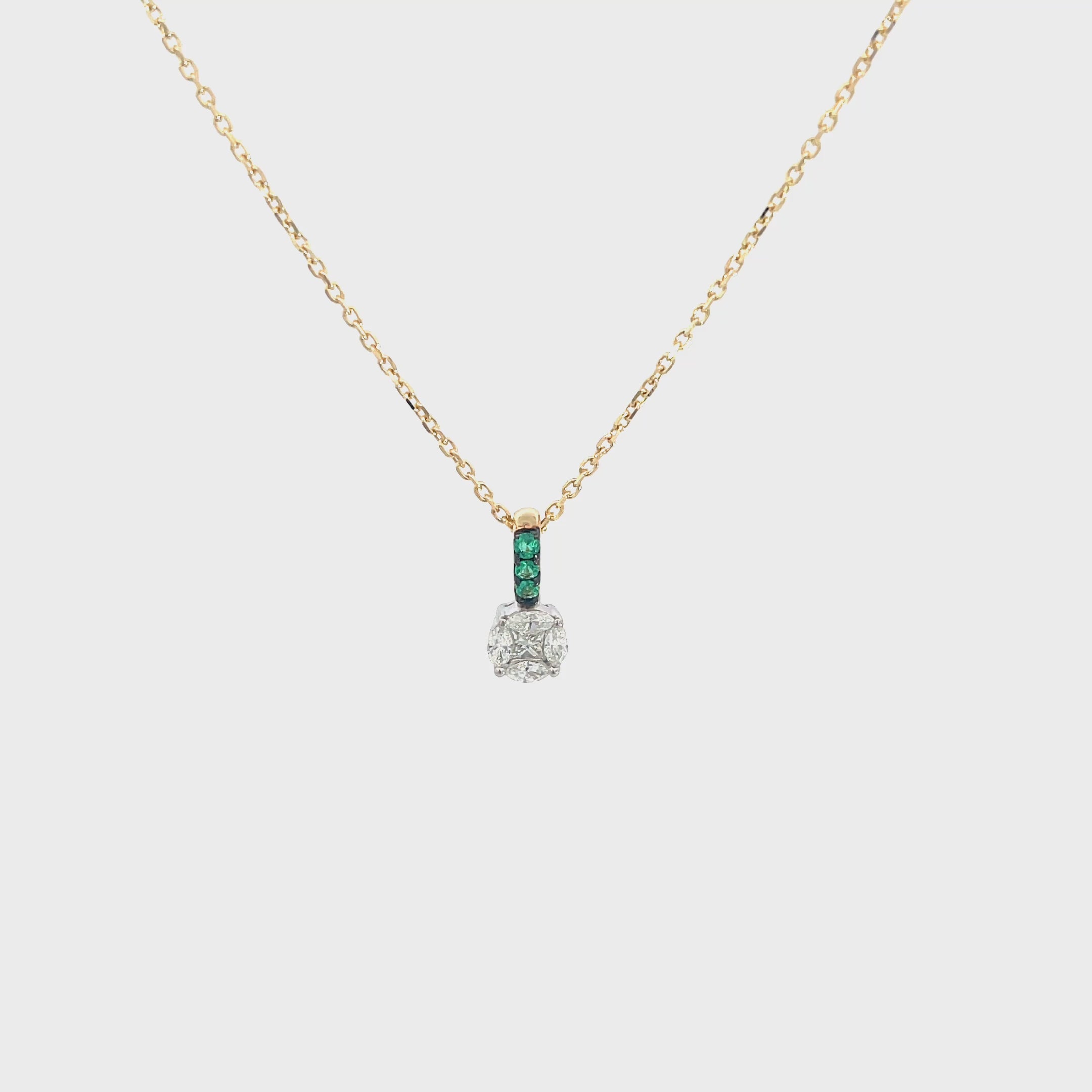 14K Yellow Gold Chain Necklace with 14K Yellow White Gold Emerald and Diamond Geometric Pendant