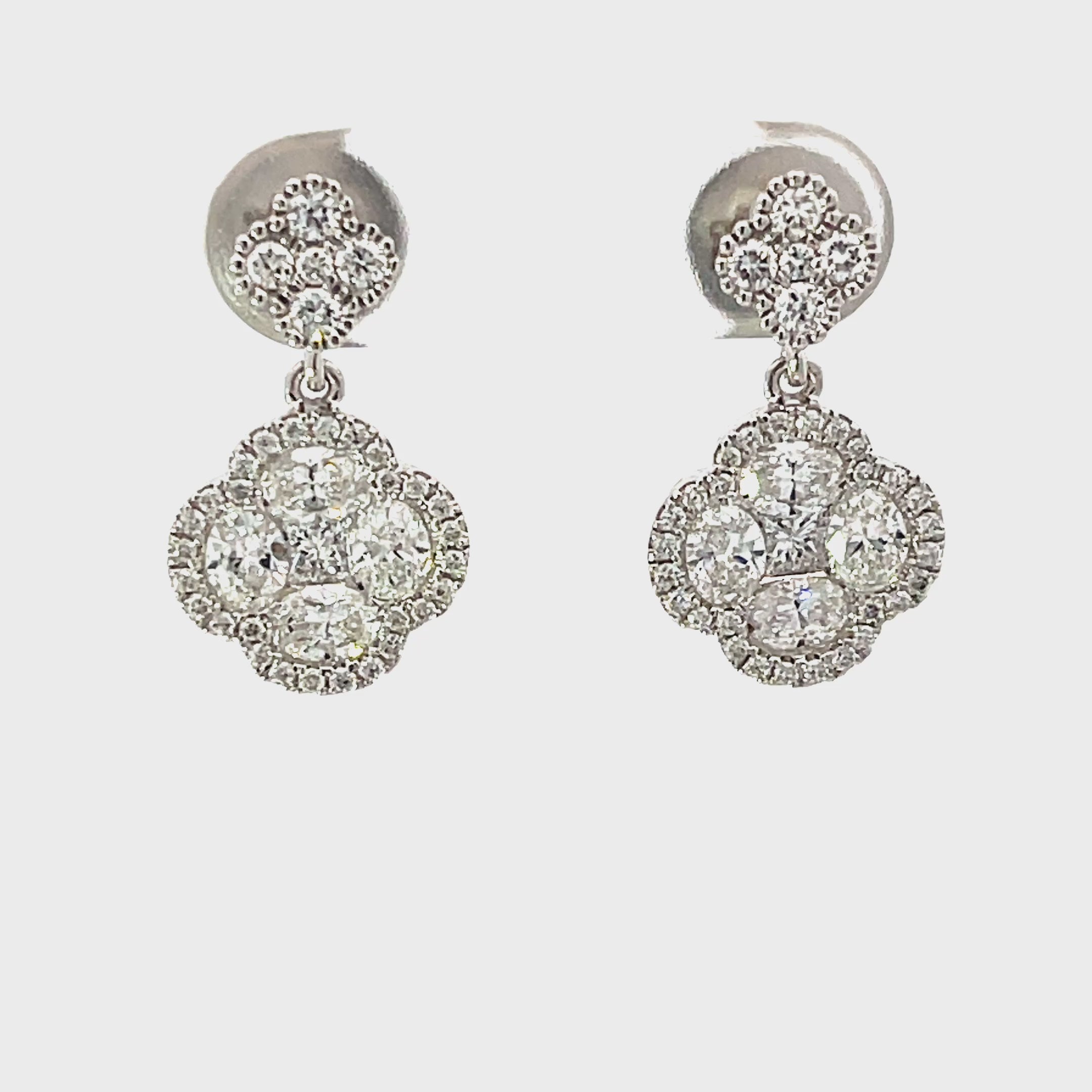 14K White Gold Diamond Clover Drop Earrings