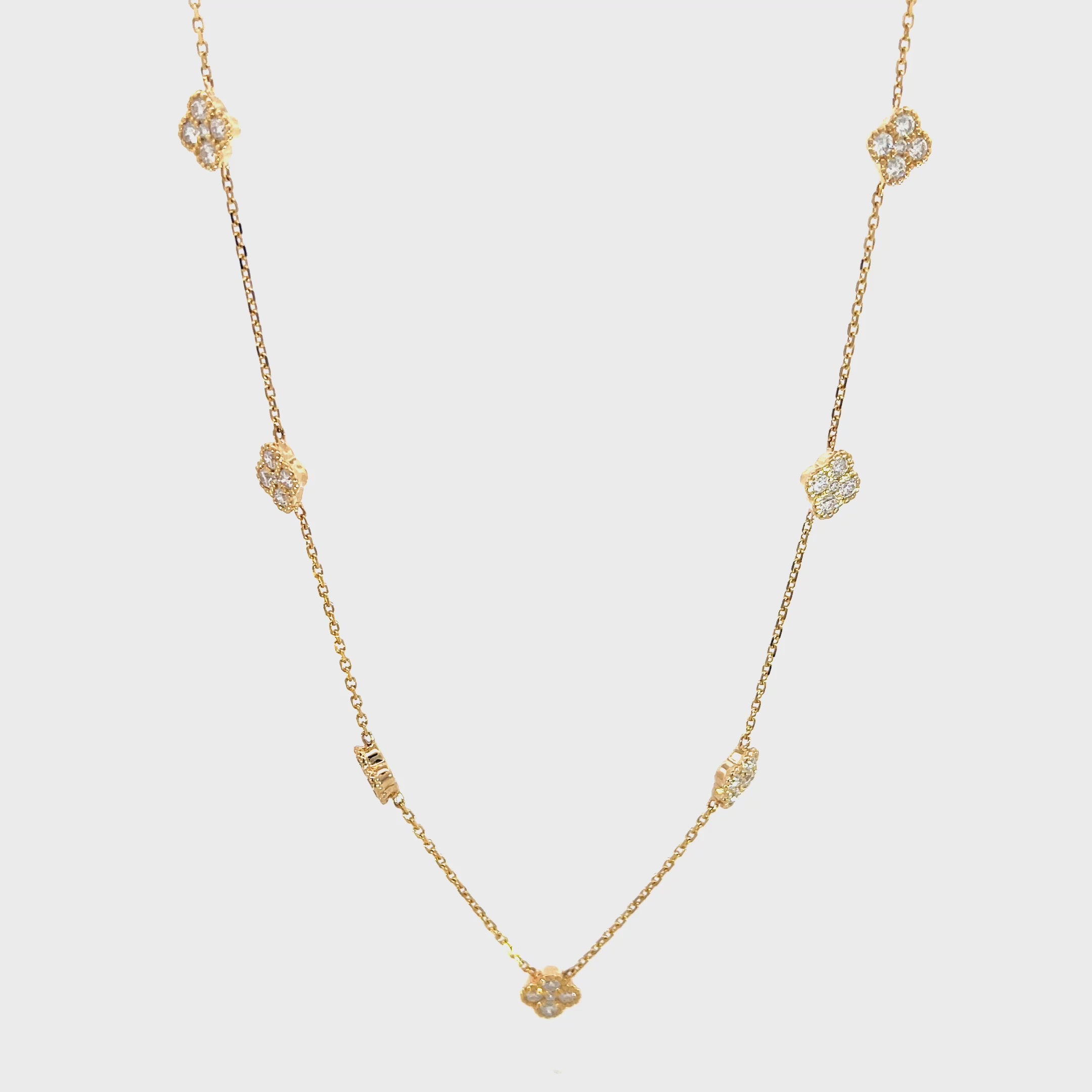 14K Yellow Gold Chain Necklace with 7 Diamond Clover Clusters