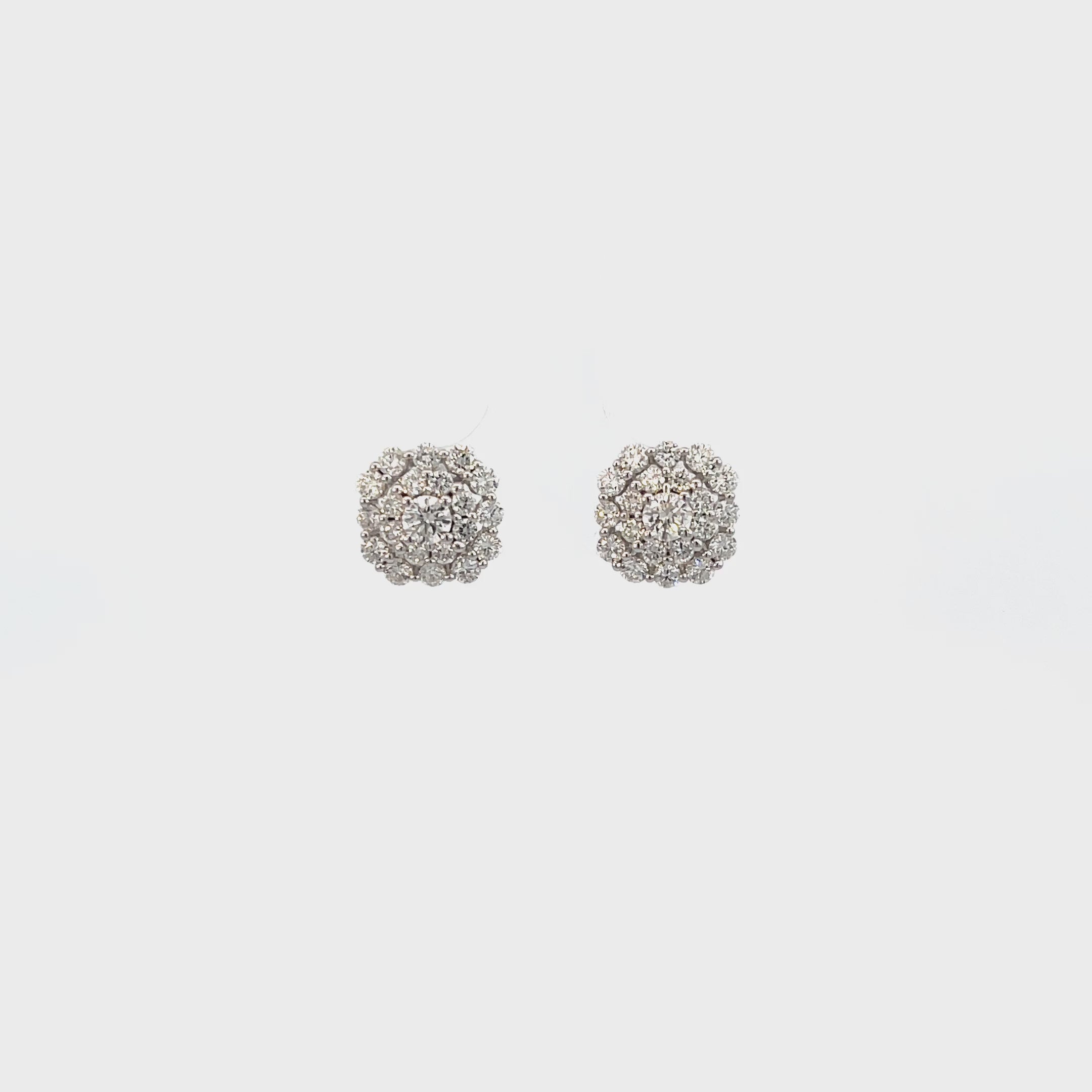 14K White Gold Cushion Shaped Ornamental Cluster Stud Earrings with 42 Diamonds