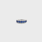 18K White Gold Ring with 7 Sapphires and Diamond Pave Scalloped Edging