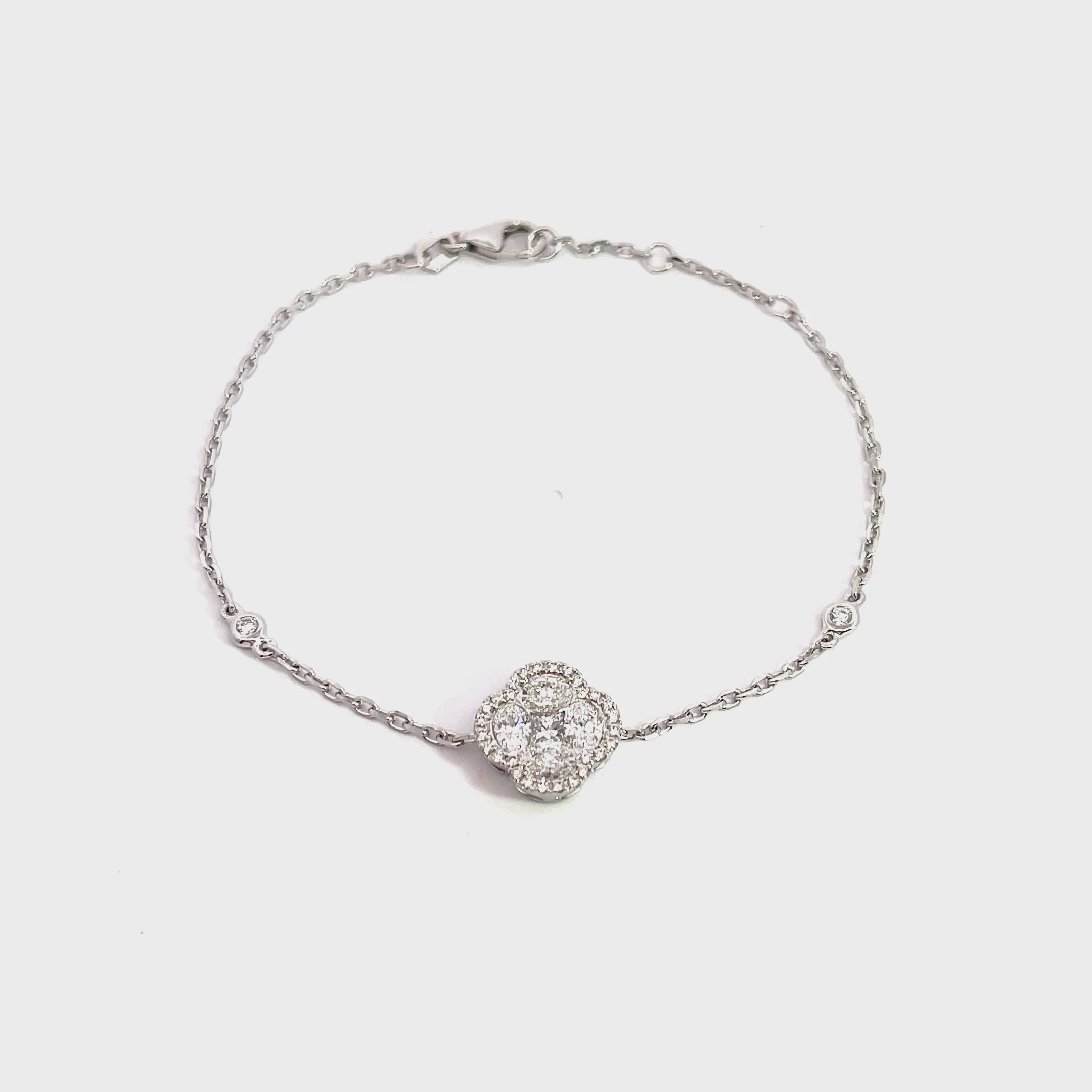 14K White Gold Chain Bracelet with Diamond Halo Clover Cluster and Bezel Set Diamonds