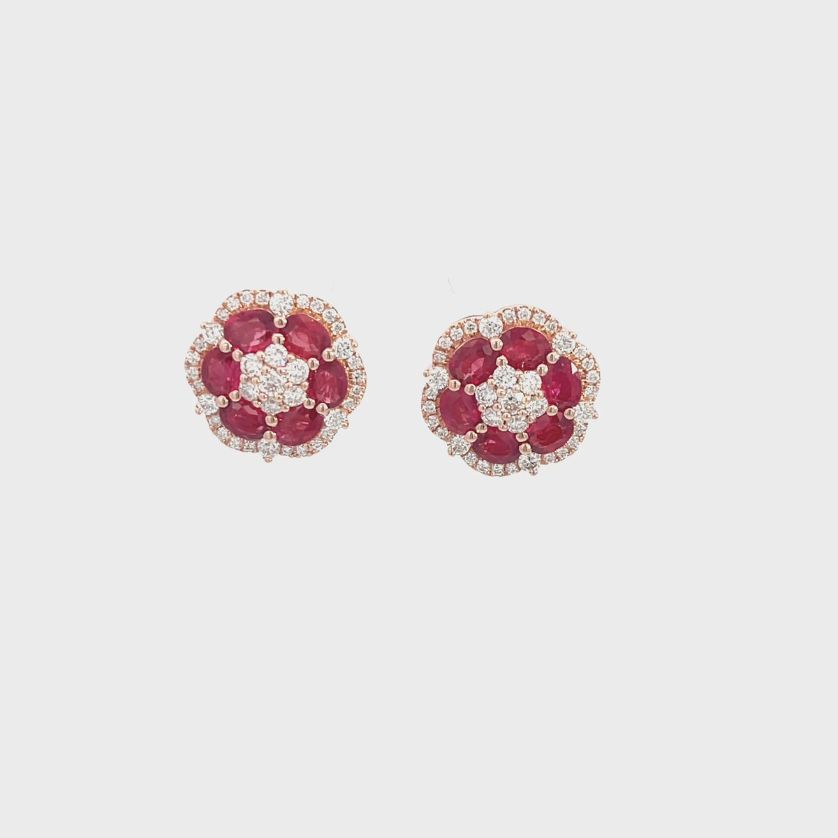 14K Rose Gold Floral Ruby and Diamond Stud Earrings
