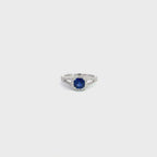 18K White Gold Cushion Shaped Sapphire Ring with Diamond Halo and Split Shank