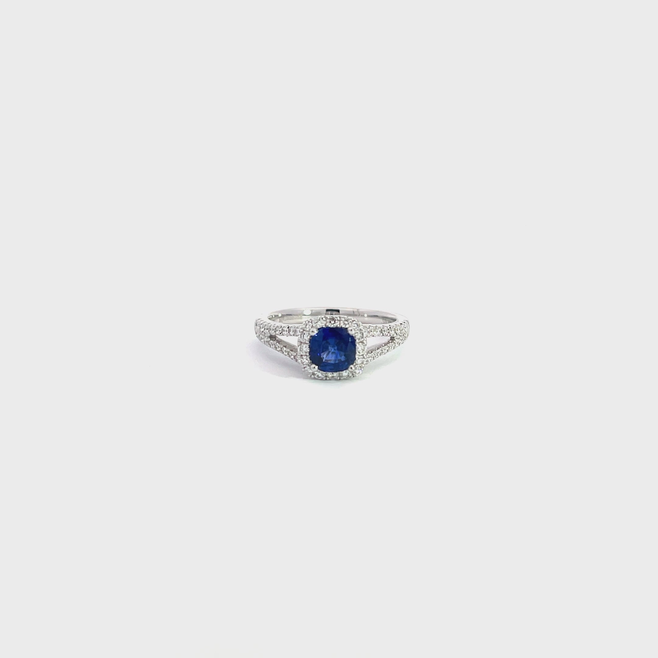 18K White Gold Cushion Shaped Sapphire Ring with Diamond Halo and Split Shank
