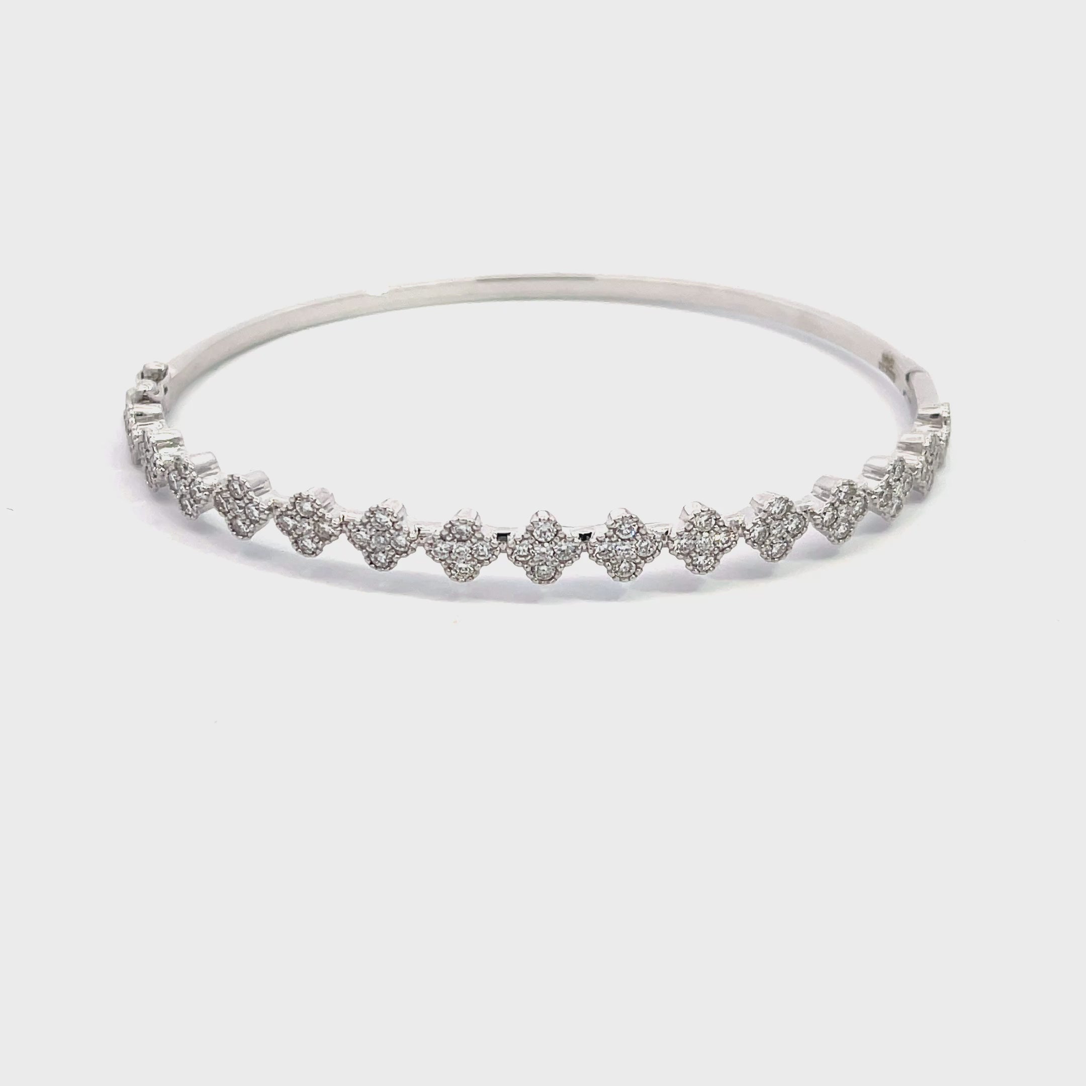 14K White Gold Diamond Clover Cluster Bangle Bracelet with 75 Diamonds