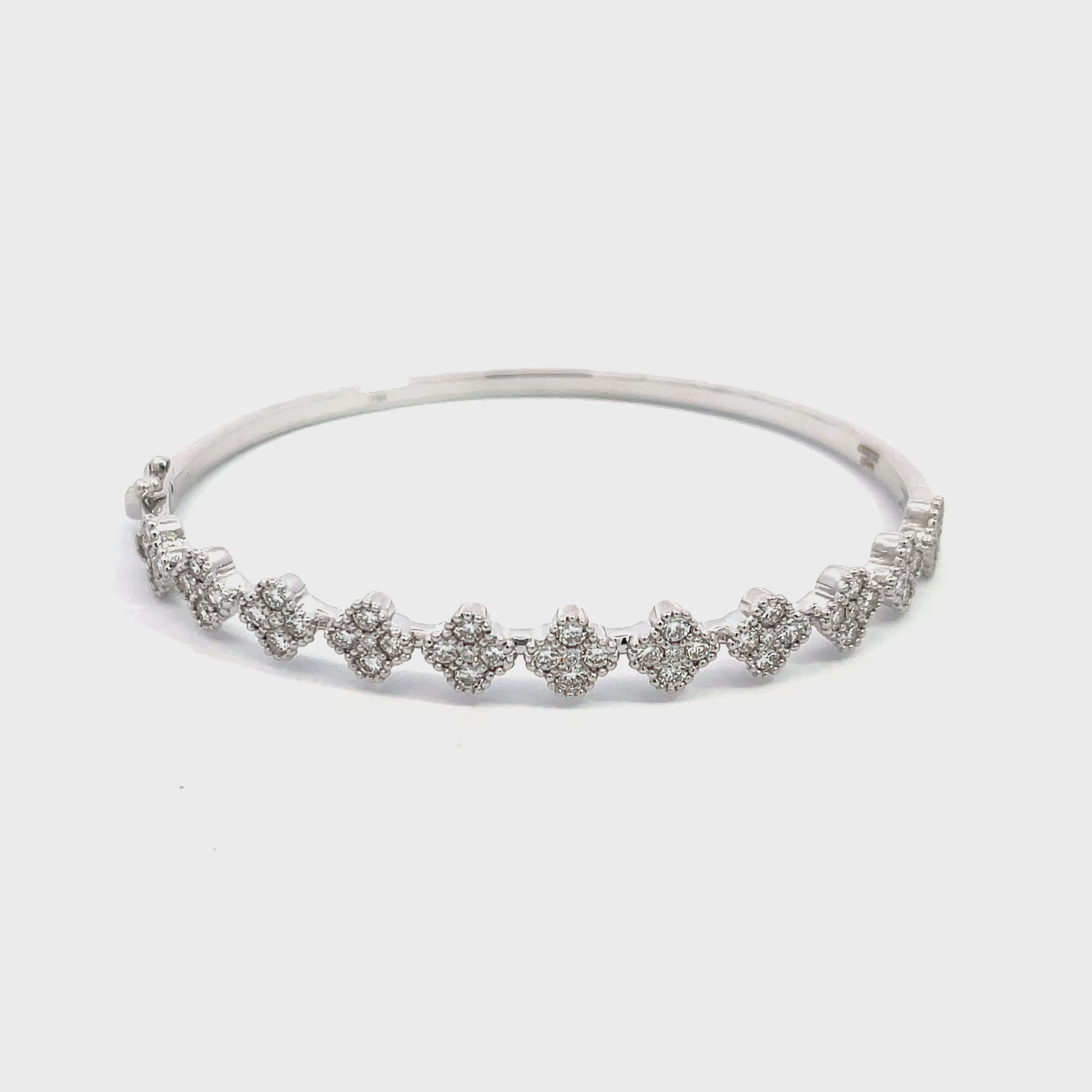 14K White Gold Diamond Clover Cluster Bangle Bracelet with 55 Diamonds