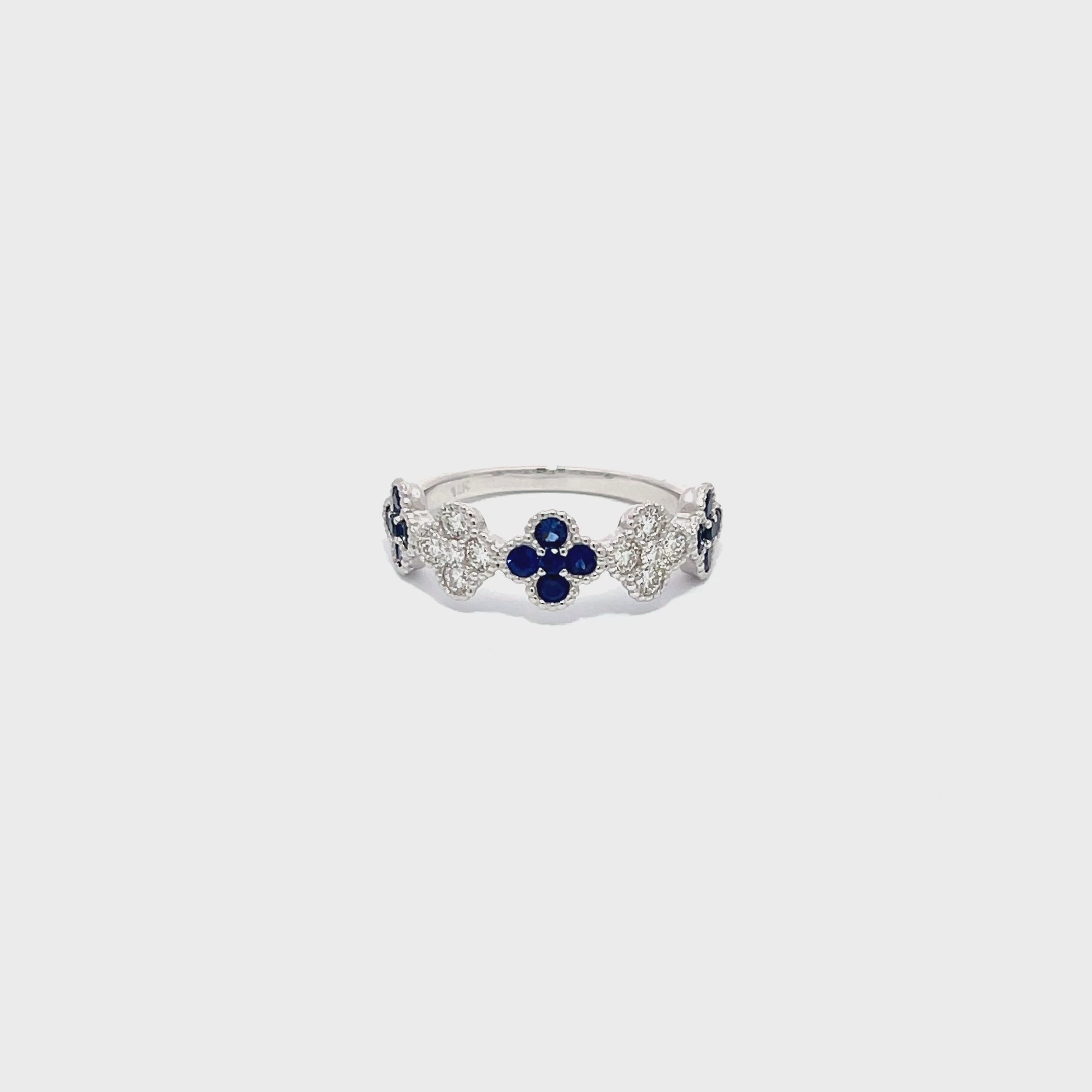 14K White Gold Sapphire and Diamond Clover Cluster Half-Eternity Ring