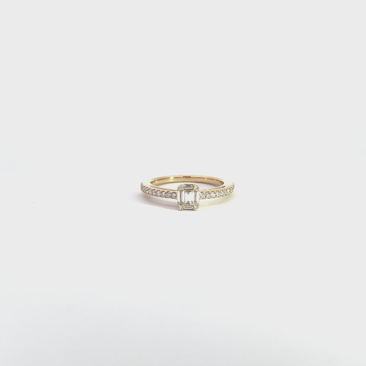 14K Yellow Gold Emerald Cut Illusion Diamond Ring with Pave Side Stones