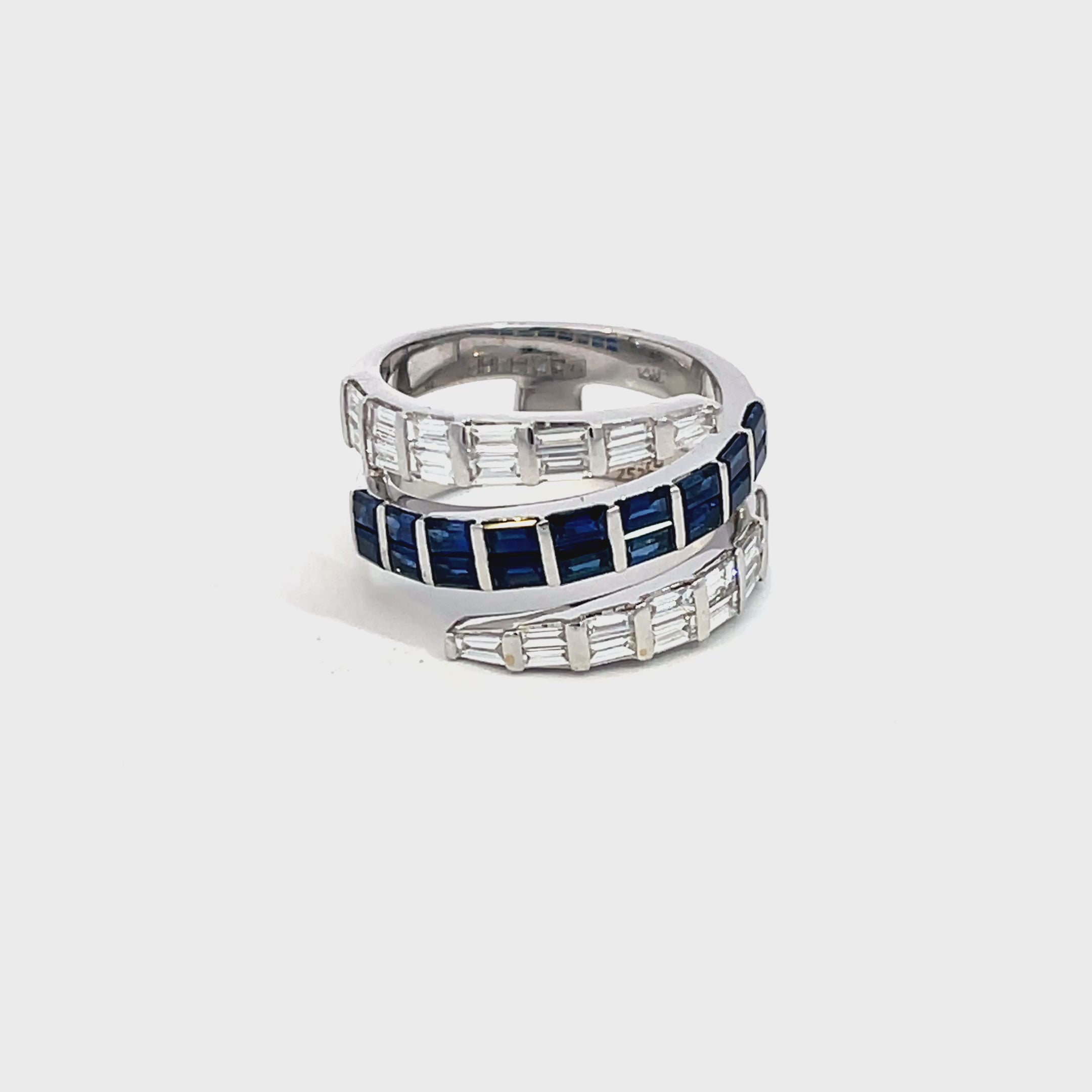 14K White Gold Spiral Ring with Baguette Cut Diamonds and Sapphires