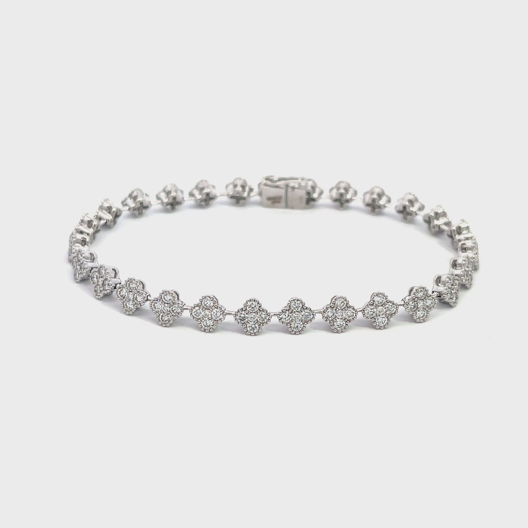 14K White Gold Diamond Clover Cluster Tennis Bracelet