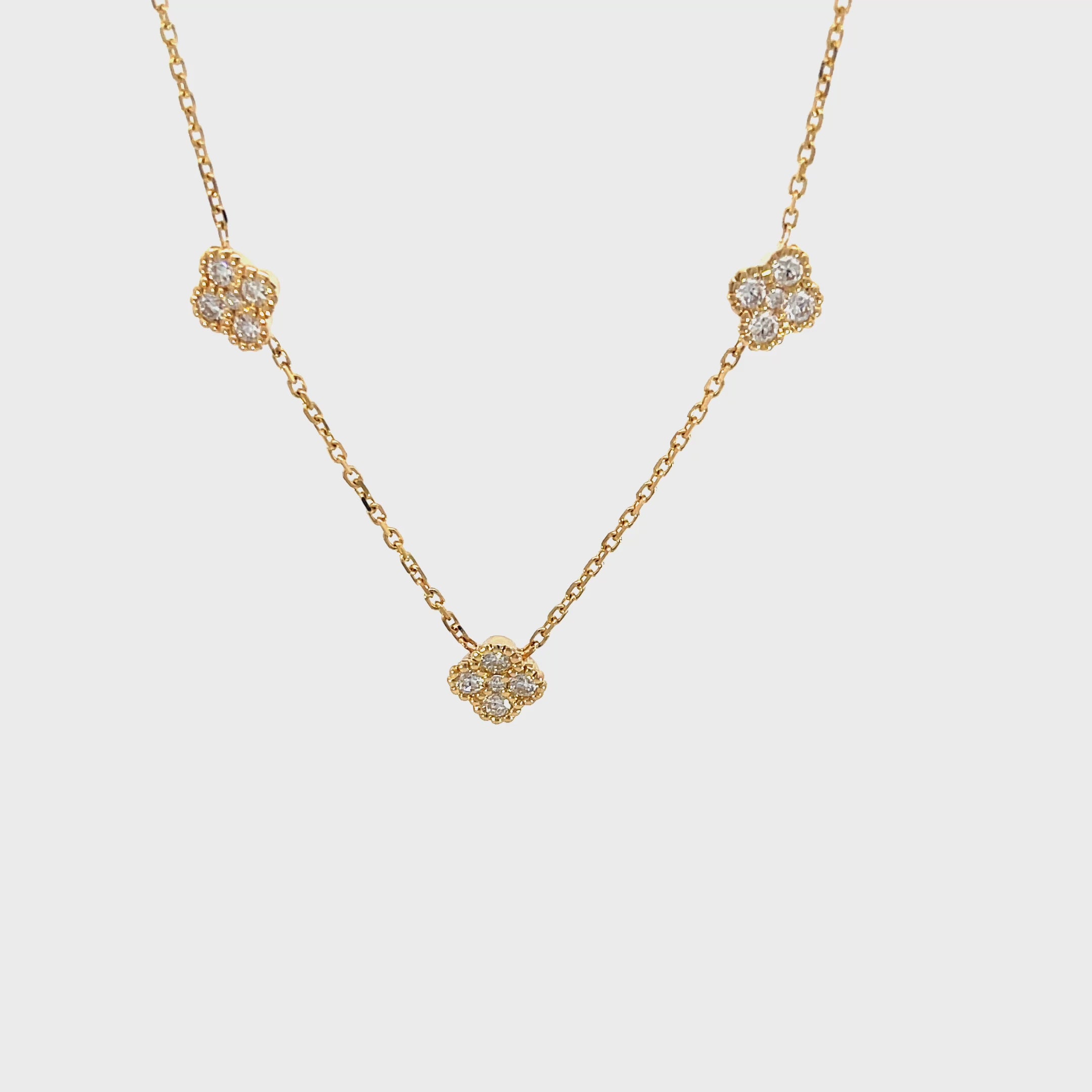 14K Yellow Gold Chain Necklace with 3 Diamond Clover Clusters