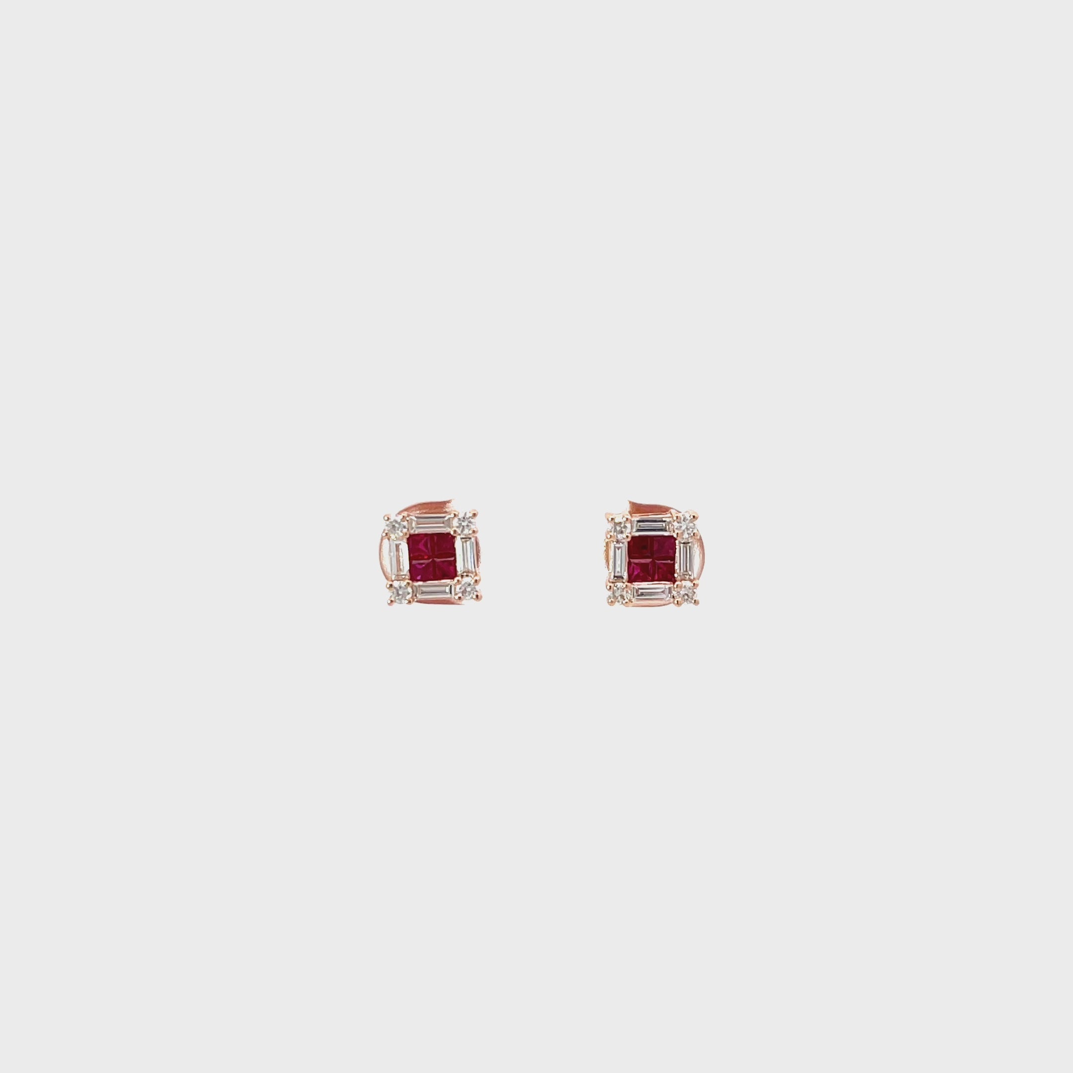 14K Rose Gold Ruby and Diamond Square Illusion Stud Earring