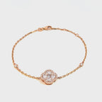 14K Rose Gold Chain Bracelet with Diamond Halo Clover Cluster and Bezel Set Diamonds