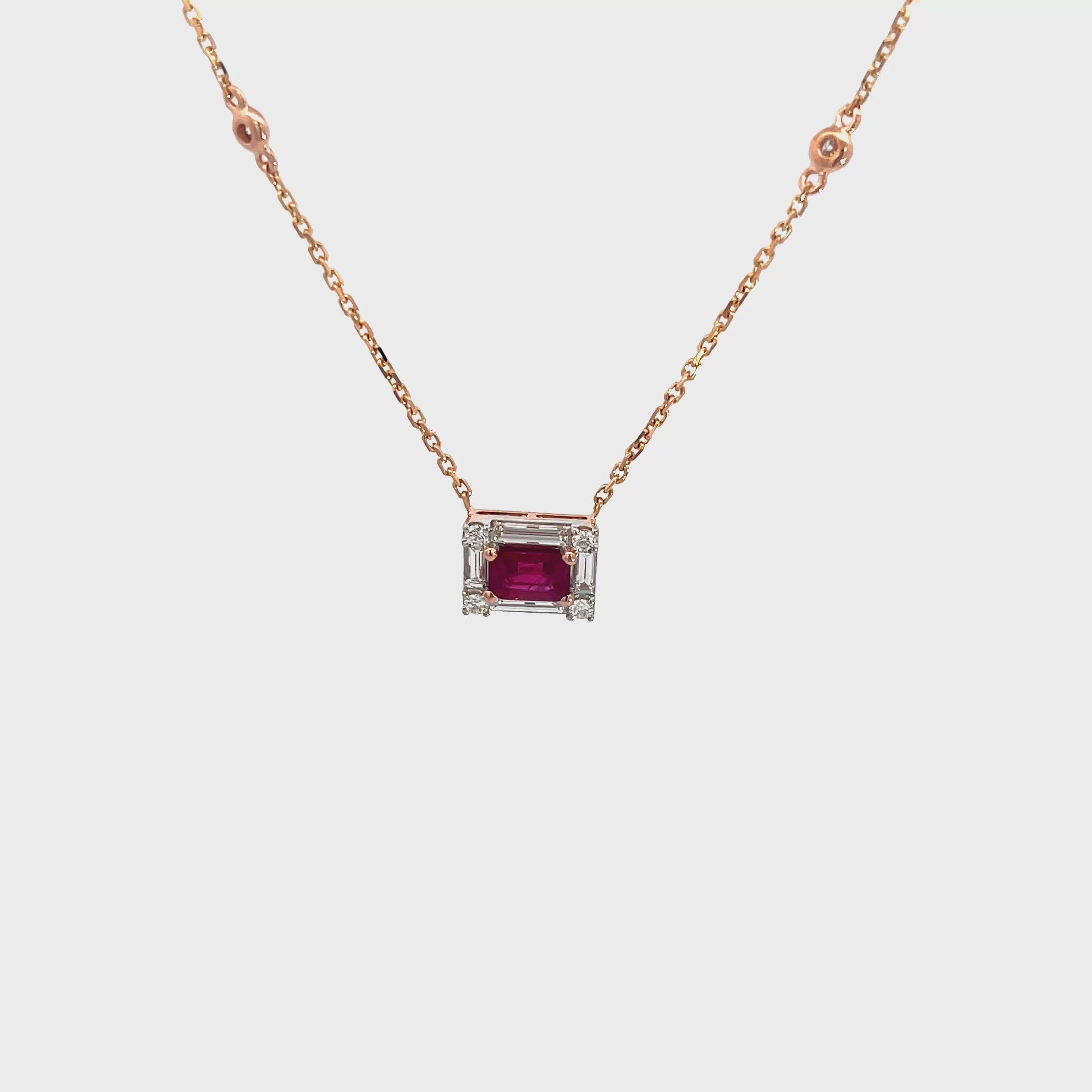 14K White Rose Gold Diamond and Ruby Rectangle Pendant Necklace