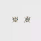 18K White Gold Square Emerald Cut Lab Grown Diamond Stud Earrings with Curved prong Basket style setting White Halo