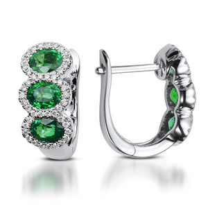 Three Stone Emerald With Diamond Halo Clip Earrings MD05735