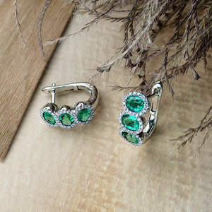 Three Stone Emerald With Diamond Halo Clip Earrings MD05735